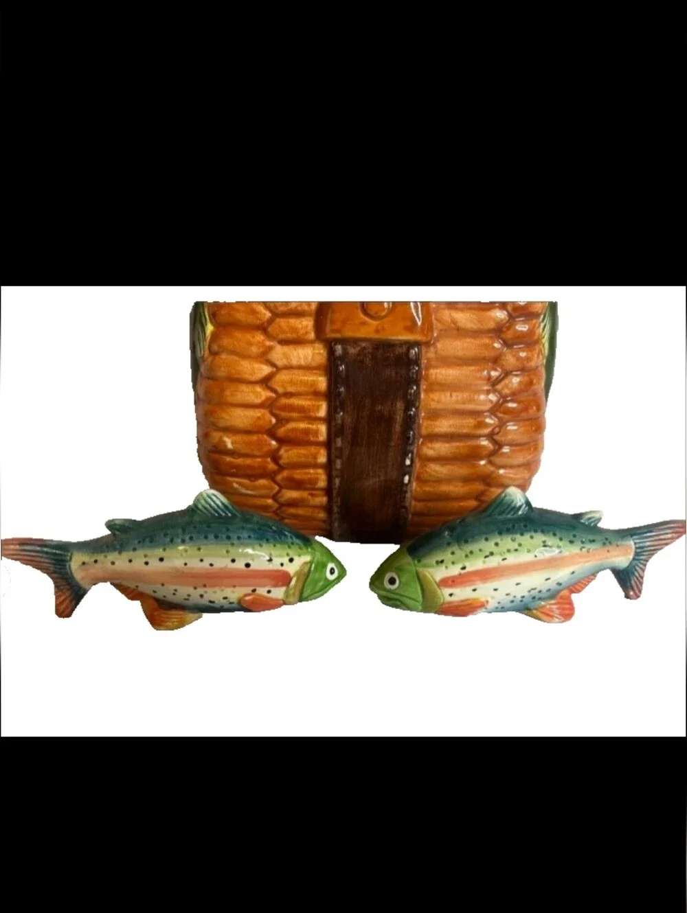 Vintage Mercuries Ceramic Fishing Creel Cookie Jar Salt Pepper Shakers Set Bass